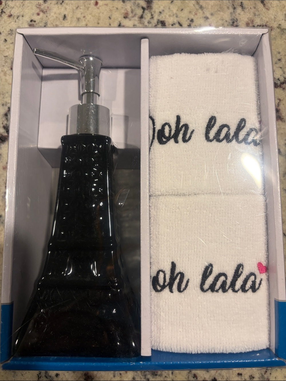 Eiffel Tower Ceramic Soap Dispenser & White Hand Towel Set (Never opened)